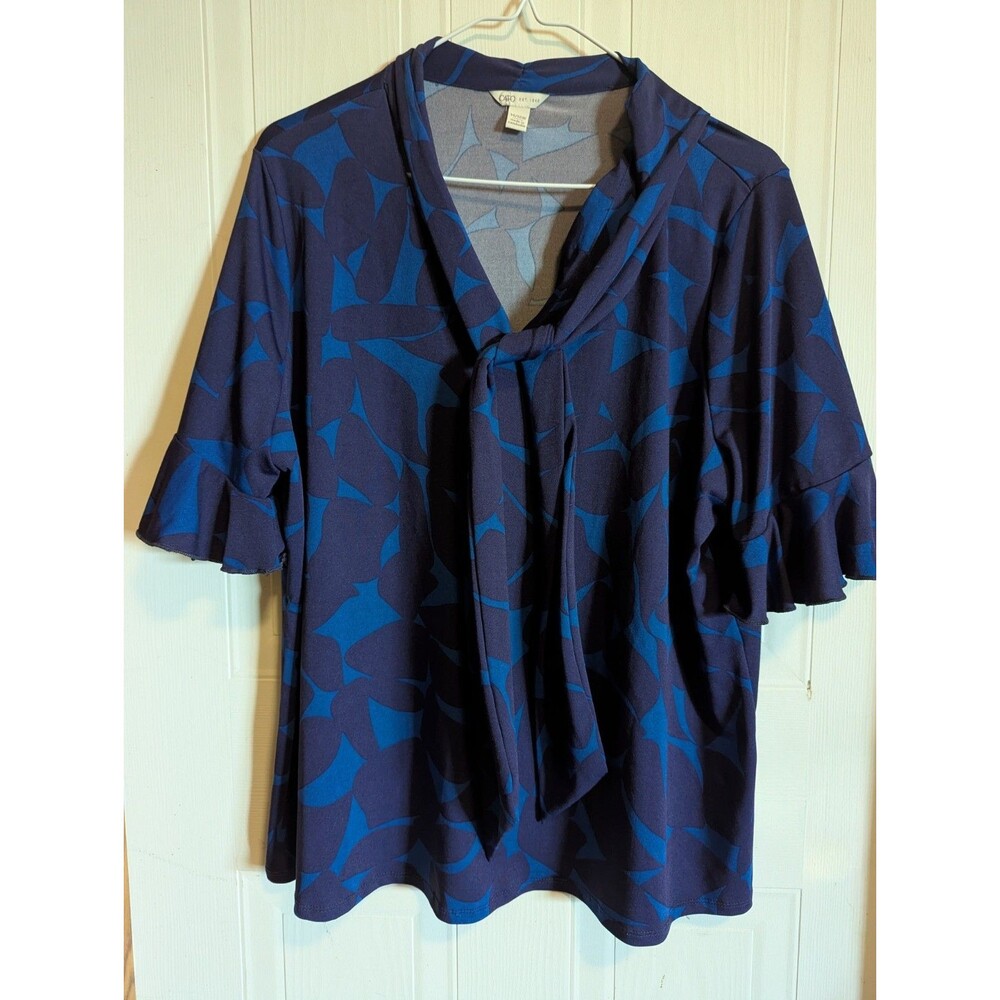 Cato Abstract V-Neck Bow Blouse Women's Plus 14/16W Blue Navy Flutter Sleeve